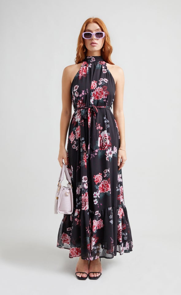 Chiffon Halter Floaty Maxi Black/floral