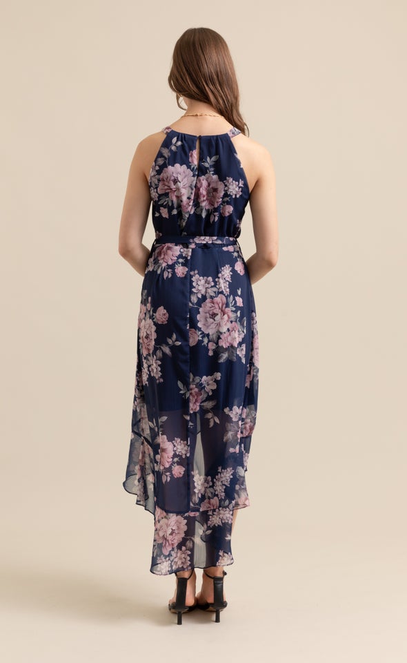 Chiffon Halter Hi Low Maxi Navy/floral