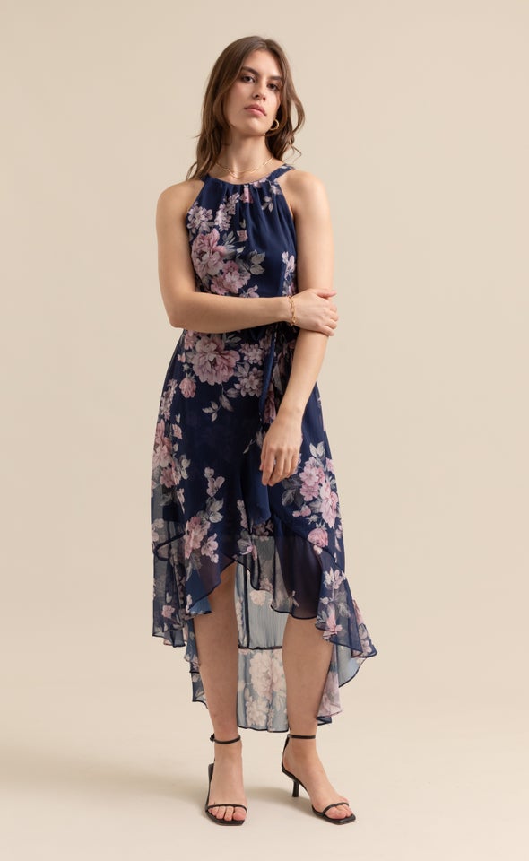 Chiffon Halter Hi Low Maxi Navy/floral