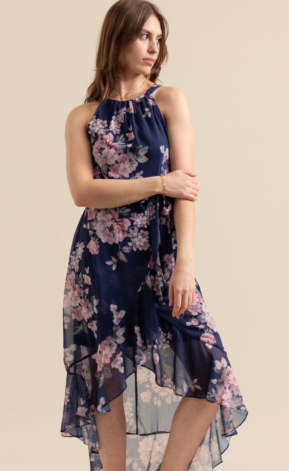 Chiffon Halter Hi Low Maxi Navy/floral