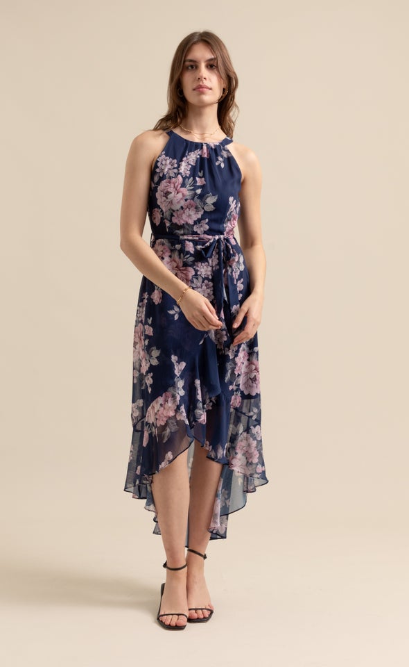 Chiffon Halter Hi Low Maxi Navy/floral
