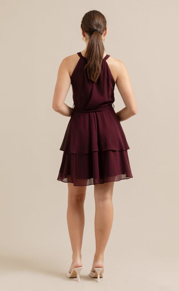 Chiffon Halter Layered Skirt Dress Aubergine