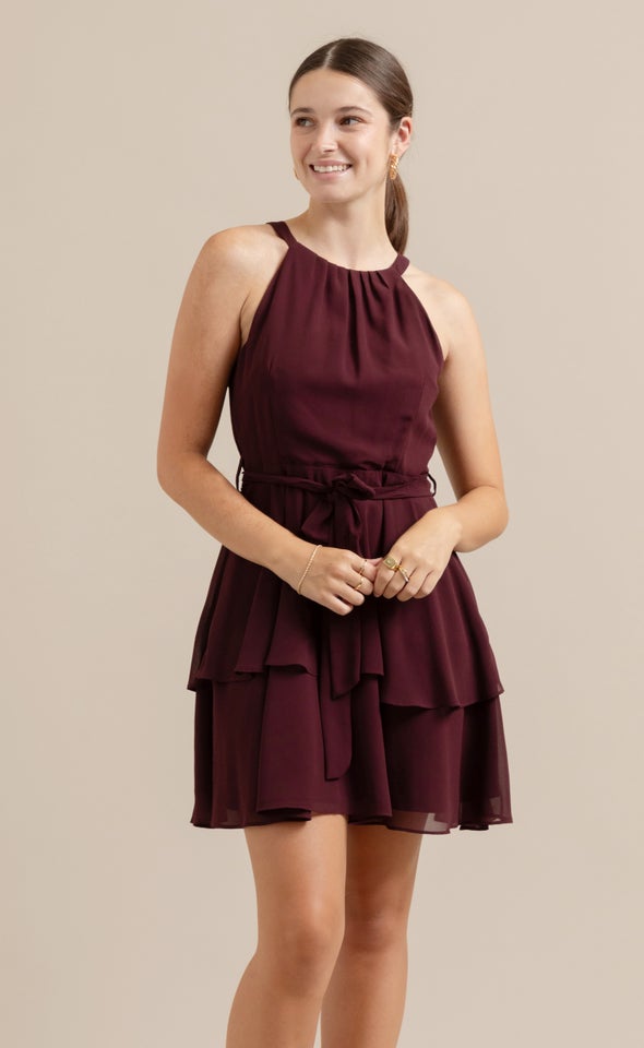 Chiffon Halter Layered Skirt Dress Aubergine