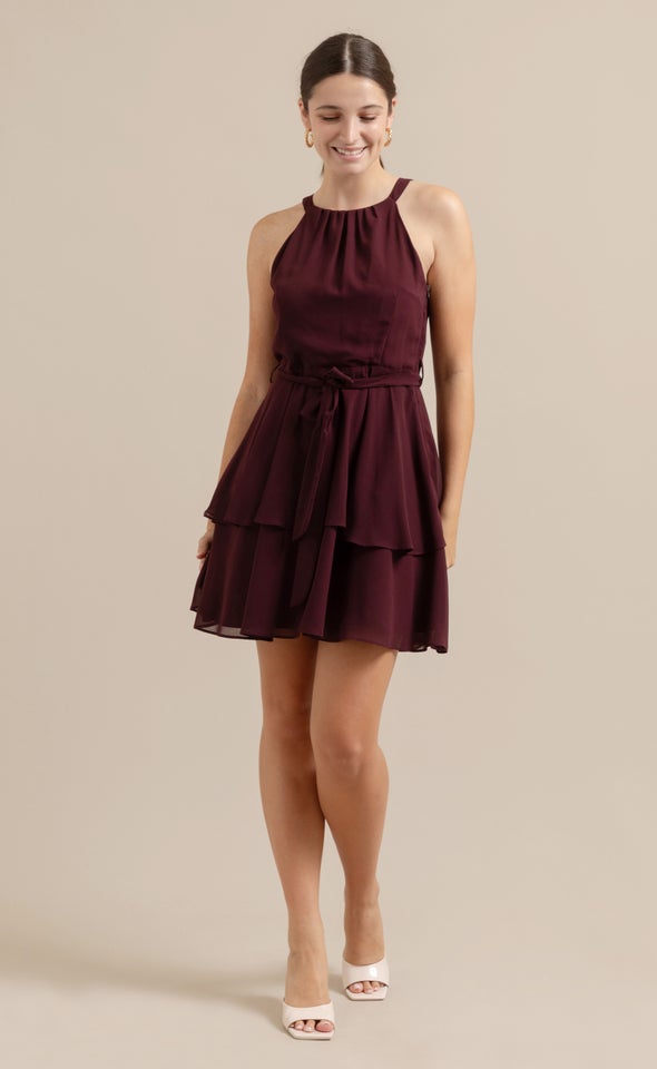 Chiffon Halter Layered Skirt Dress Aubergine