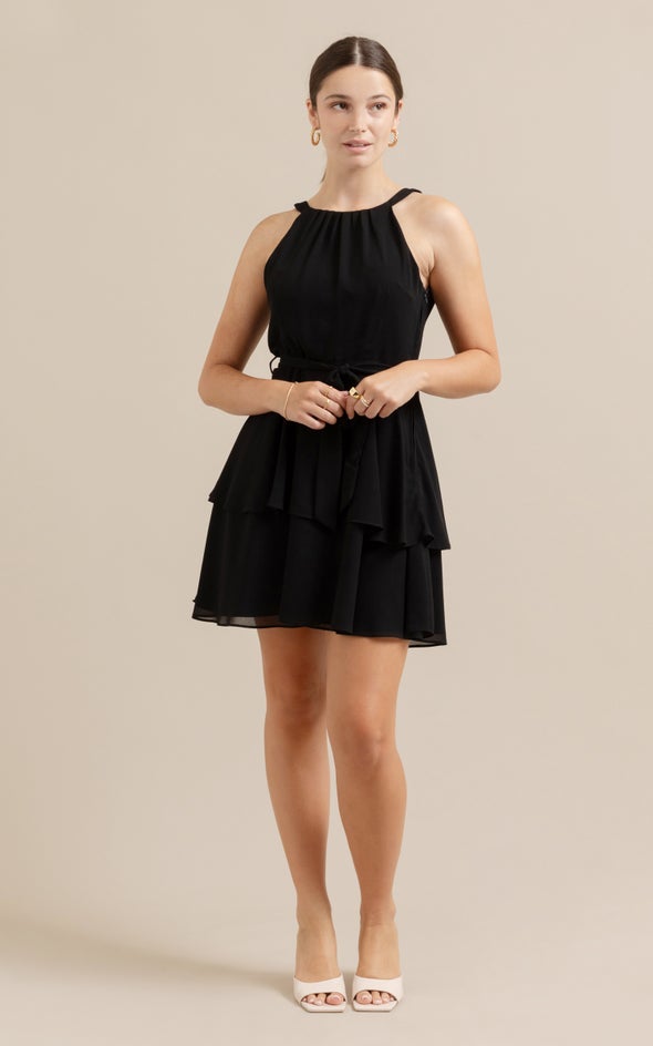 Chiffon Halter Layered Skirt Dress Black