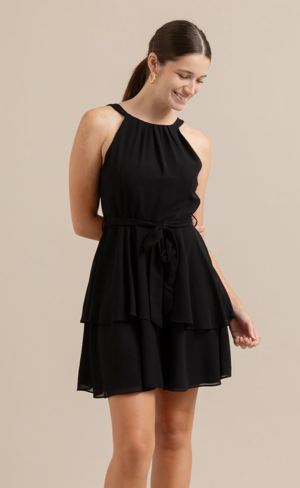 Chiffon Halter Layered Skirt Dress Black