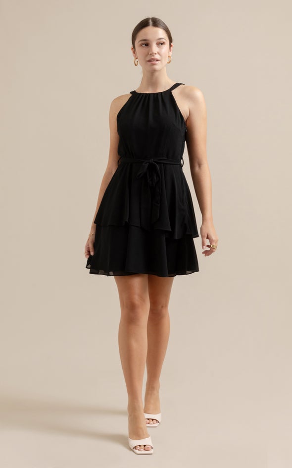 Chiffon Halter Layered Skirt Dress Black