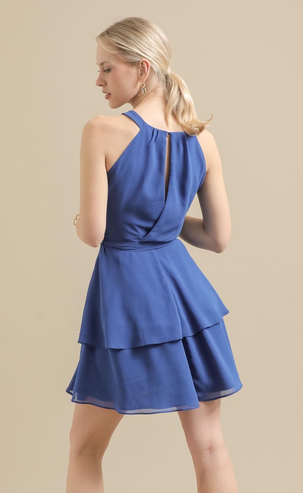 Chiffon Halter Layered Skirt Dress Cornflower Blue