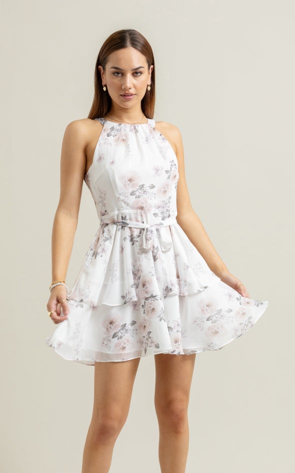 Chiffon Halter Layered Skirt Dress Cream/floral