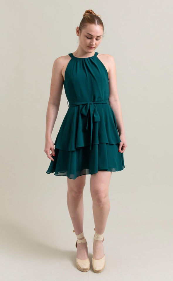 Chiffon Halter Layered Skirt Dress Emerald