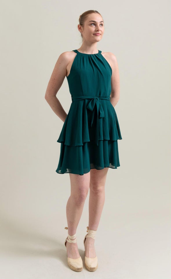 Chiffon Halter Layered Skirt Dress Emerald