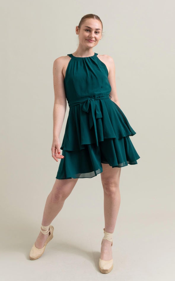 Chiffon Halter Layered Skirt Dress Emerald