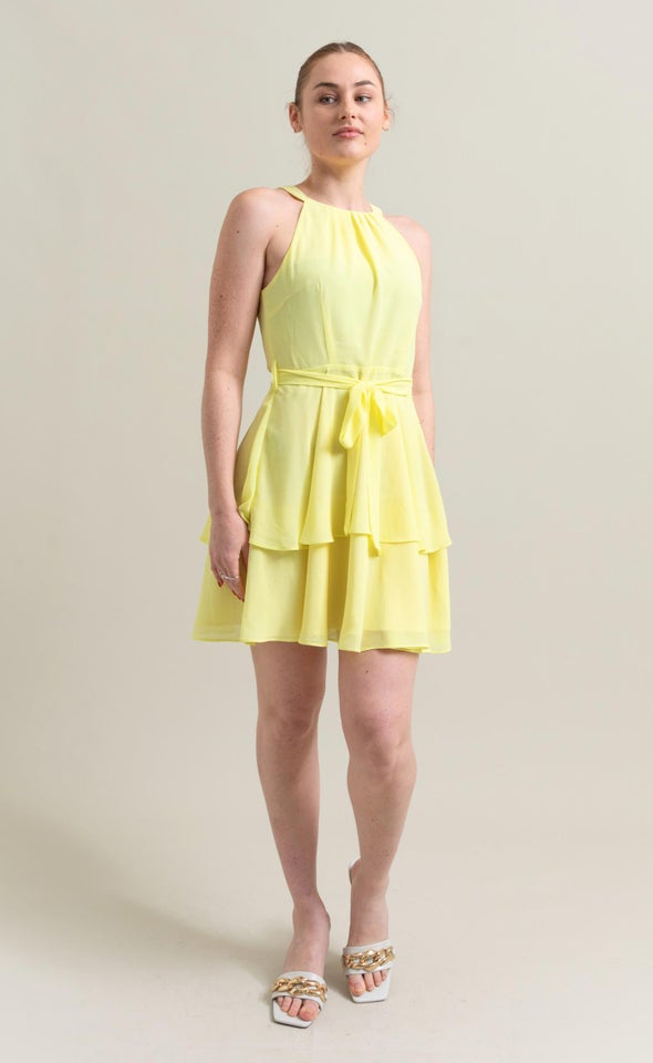 Chiffon Halter Layered Skirt Dress Lemon