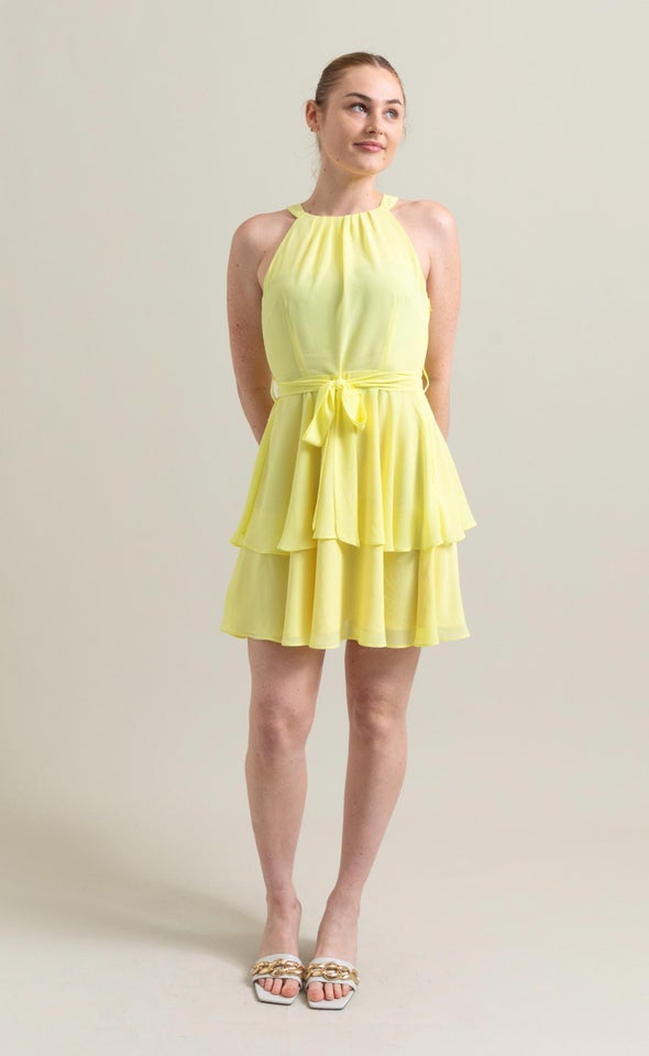 Chiffon Halter Layered Skirt Dress Lemon