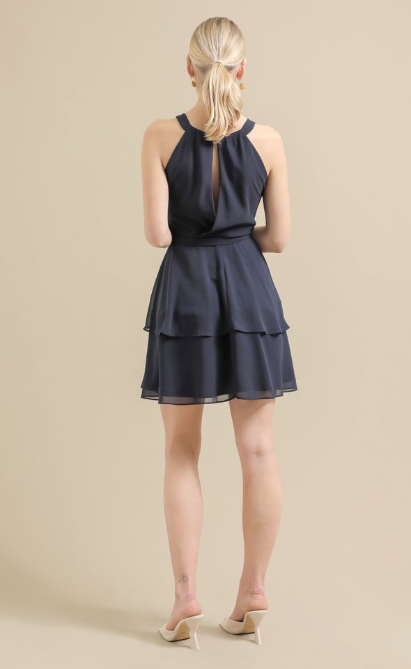 Chiffon Halter Layered Skirt Dress Navy