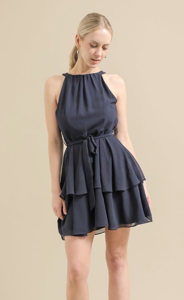 Chiffon Halter Layered Skirt Dress Navy
