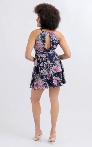 Shop our Chiffon Halter Layered Skirt Dress in Navy/floral