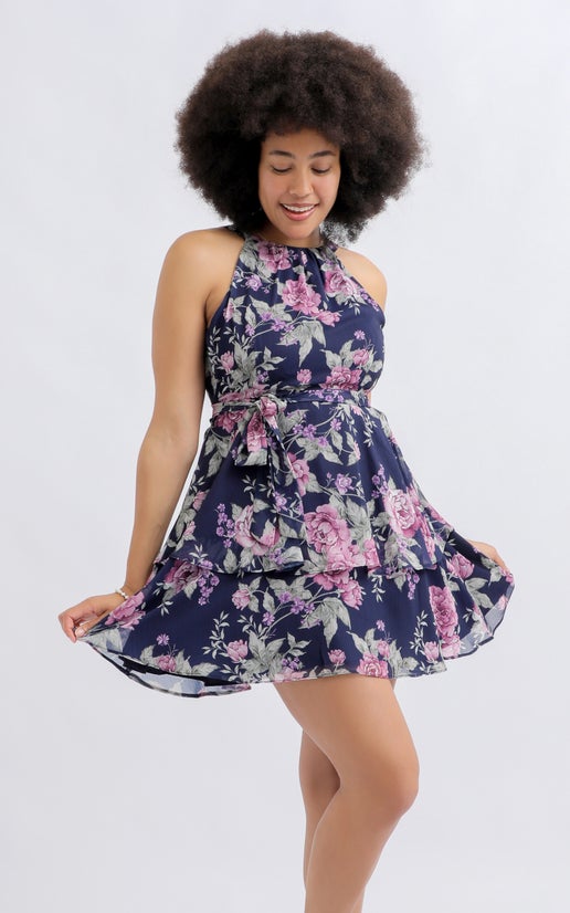Shop our Chiffon Halter Layered Skirt Dress in Navy/floral | Pagani