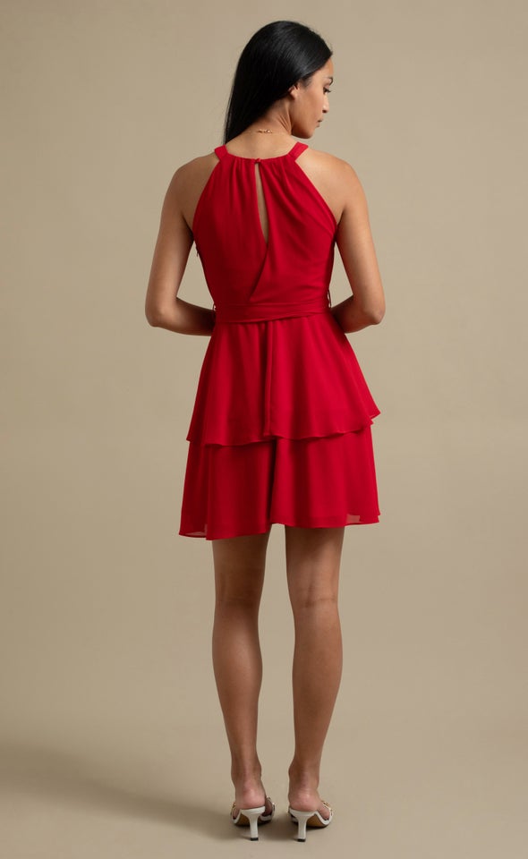 Chiffon Halter Layered Skirt Dress Red