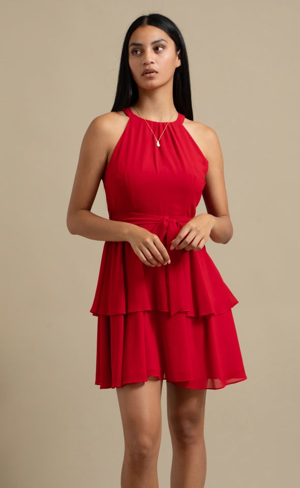 Chiffon Halter Layered Skirt Dress Red