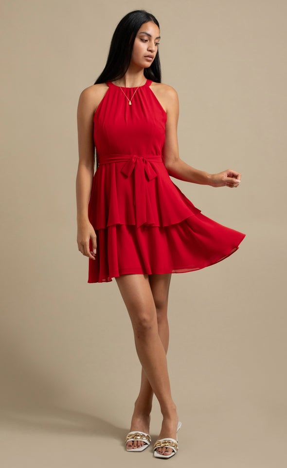 Chiffon Halter Layered Skirt Dress Red