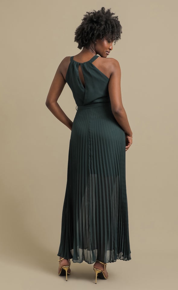 Chiffon Halter Pleated Gown Emerald
