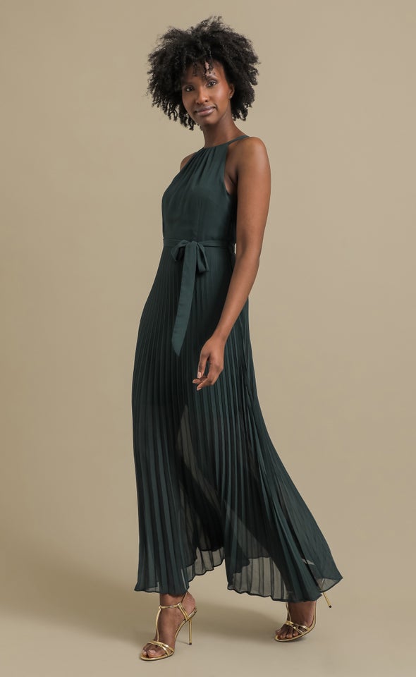 Chiffon Halter Pleated Gown Emerald