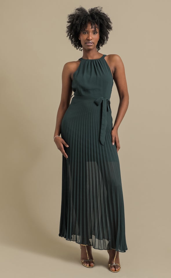 Chiffon Halter Pleated Gown Emerald