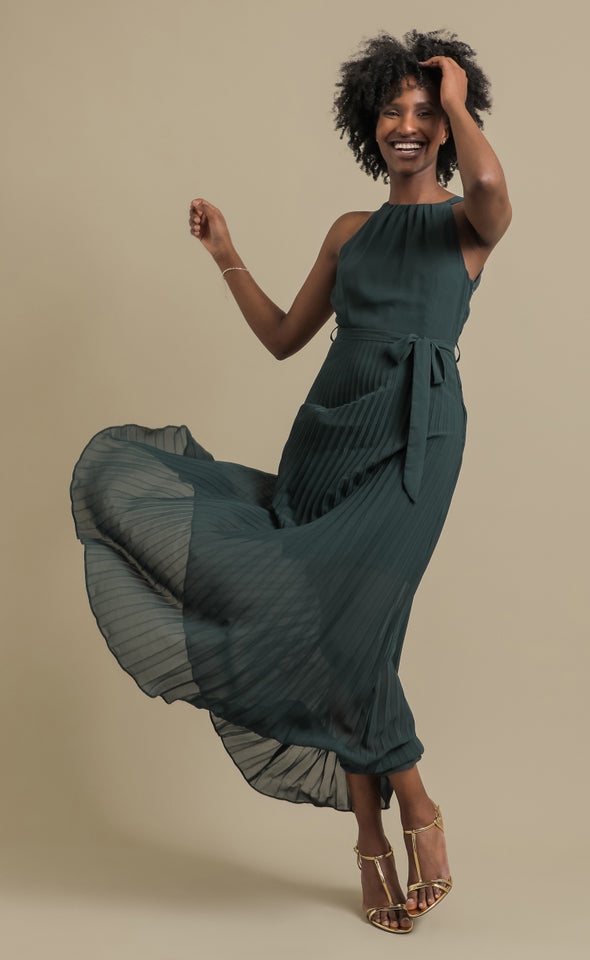 Chiffon Halter Pleated Gown Emerald