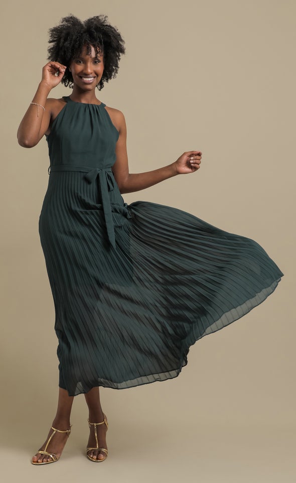 Chiffon Halter Pleated Gown Emerald