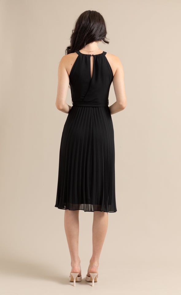 Chiffon Halter Pleated Midi Dress Black