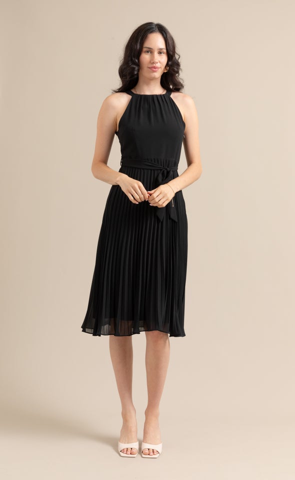 Chiffon Halter Pleated Midi Dress Black