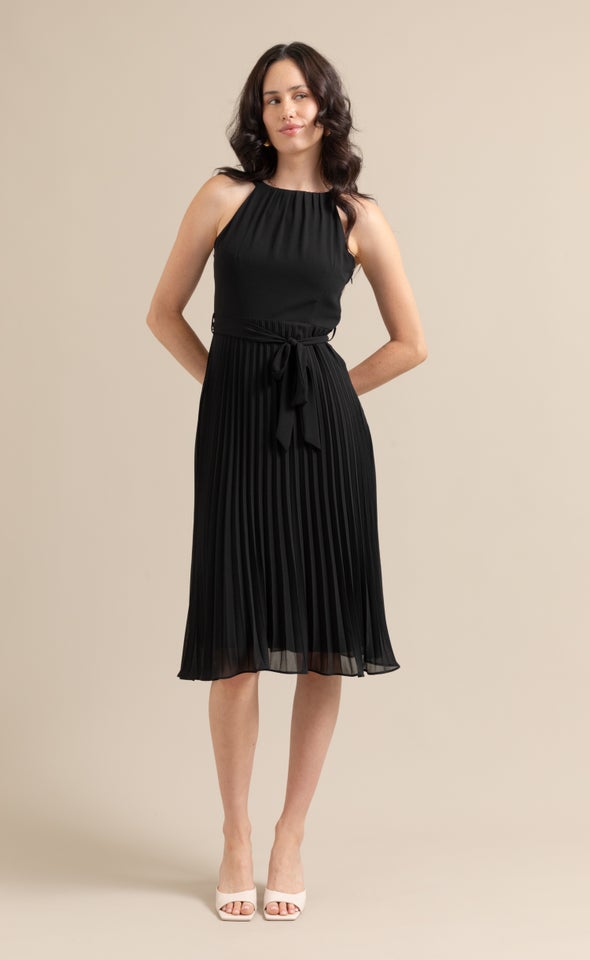 Chiffon Halter Pleated Midi Dress Black