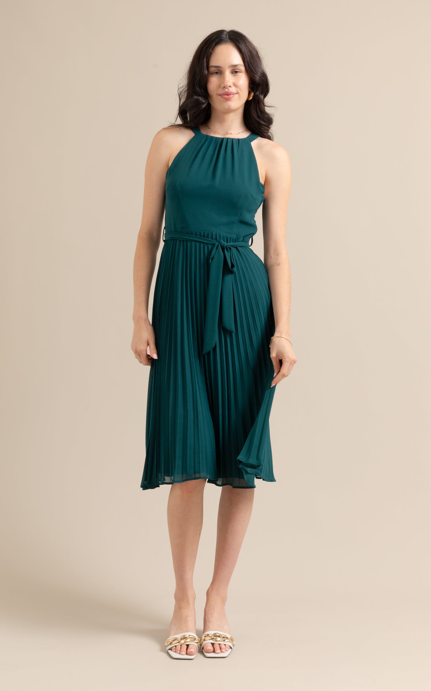 Halter pleated midi online dress