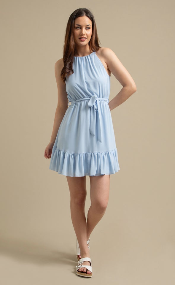 Chiffon Halter Ruffle Hem Dress Soft Blue