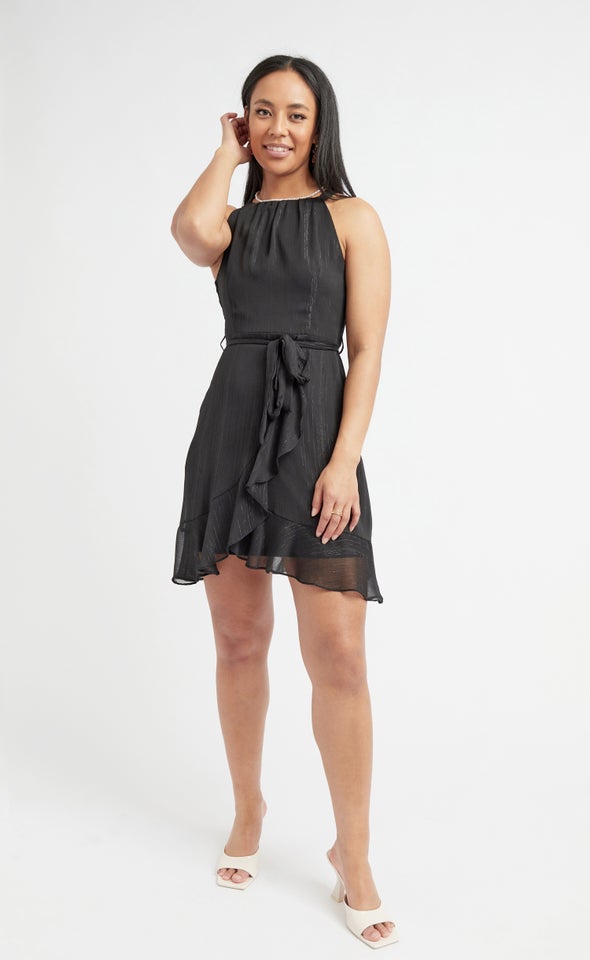 Chiffon Halter Ruffle Wrap Dress Black