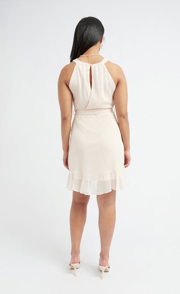 Chiffon Halter Ruffle Wrap Dress Blush