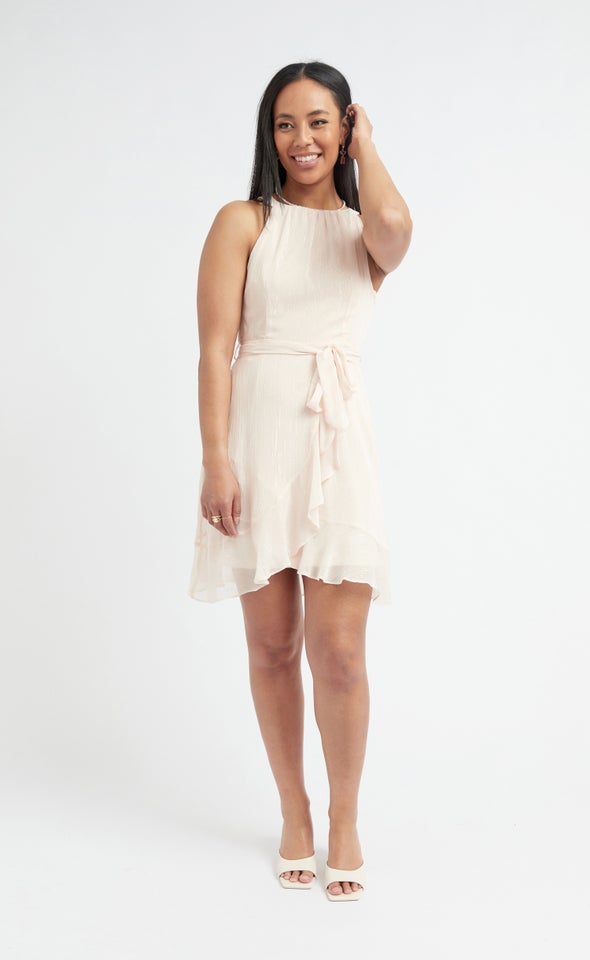Chiffon Halter Ruffle Wrap Dress Blush