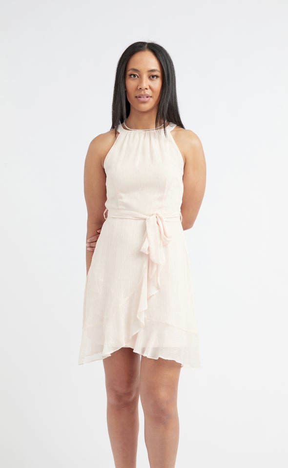Chiffon Halter Ruffle Wrap Dress Blush
