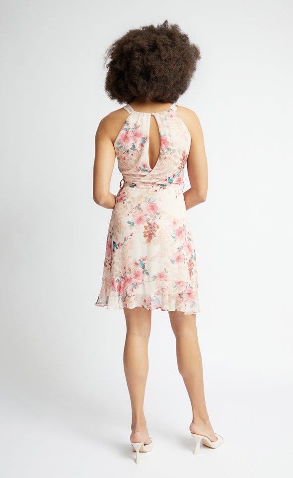 Chiffon Halter Ruffle Wrap Dress Blush/floral
