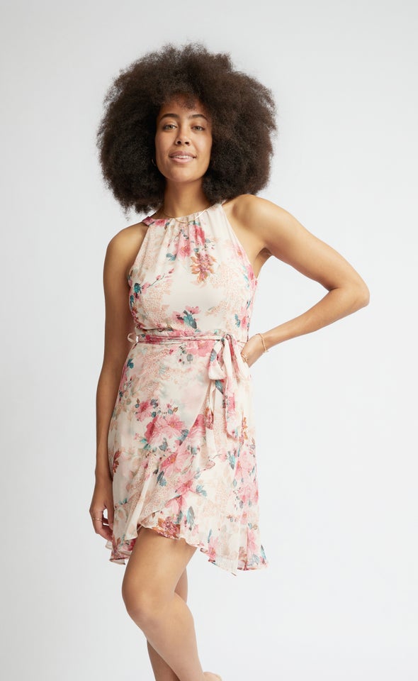 Chiffon Halter Ruffle Wrap Dress Blush/floral