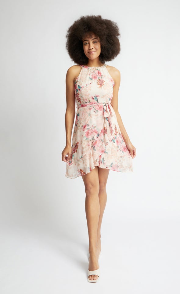 Chiffon Halter Ruffle Wrap Dress Blush/floral
