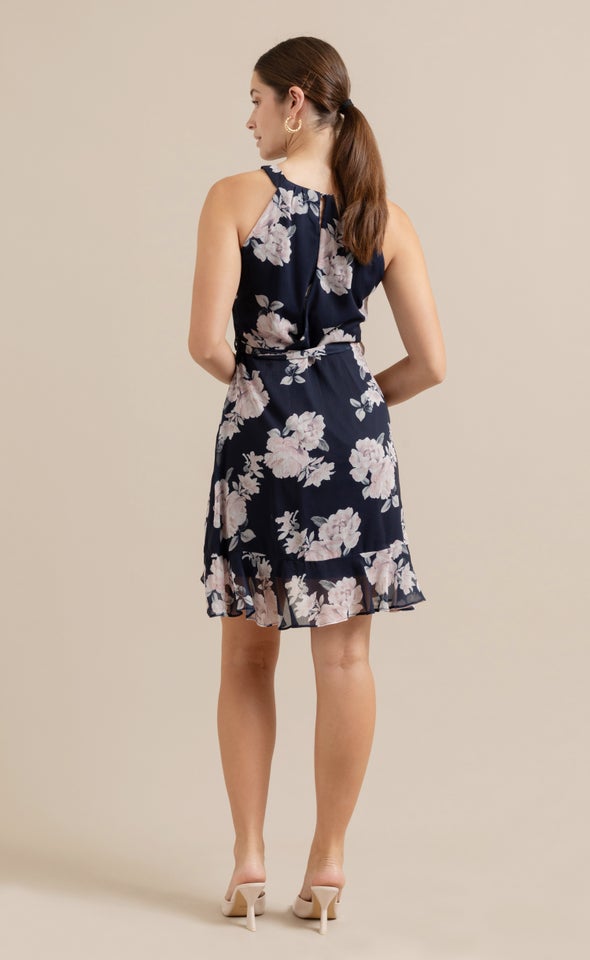 Chiffon Halter Ruffle Wrap Dress Navy/blush