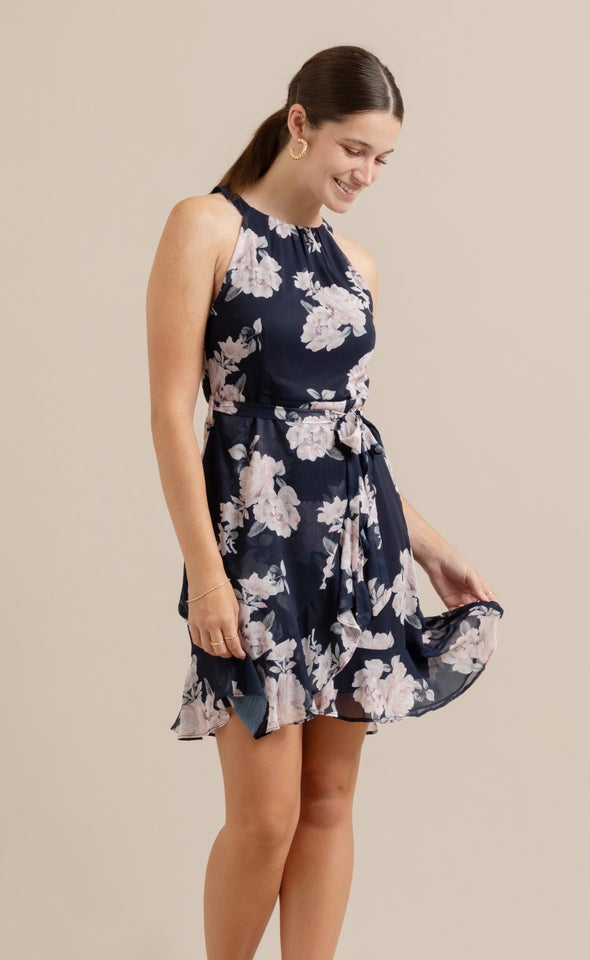 Chiffon Halter Ruffle Wrap Dress Navy/blush