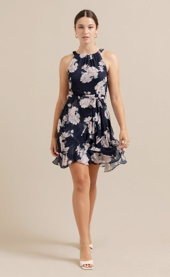 Chiffon Halter Ruffle Wrap Dress Navy/blush