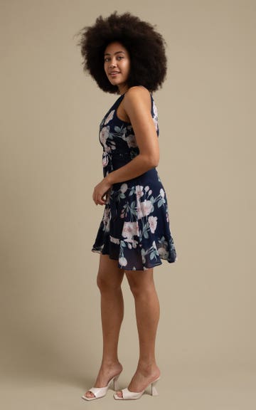 Shop our Chiffon Halter Skater Dress in Navy/floral | Pagani