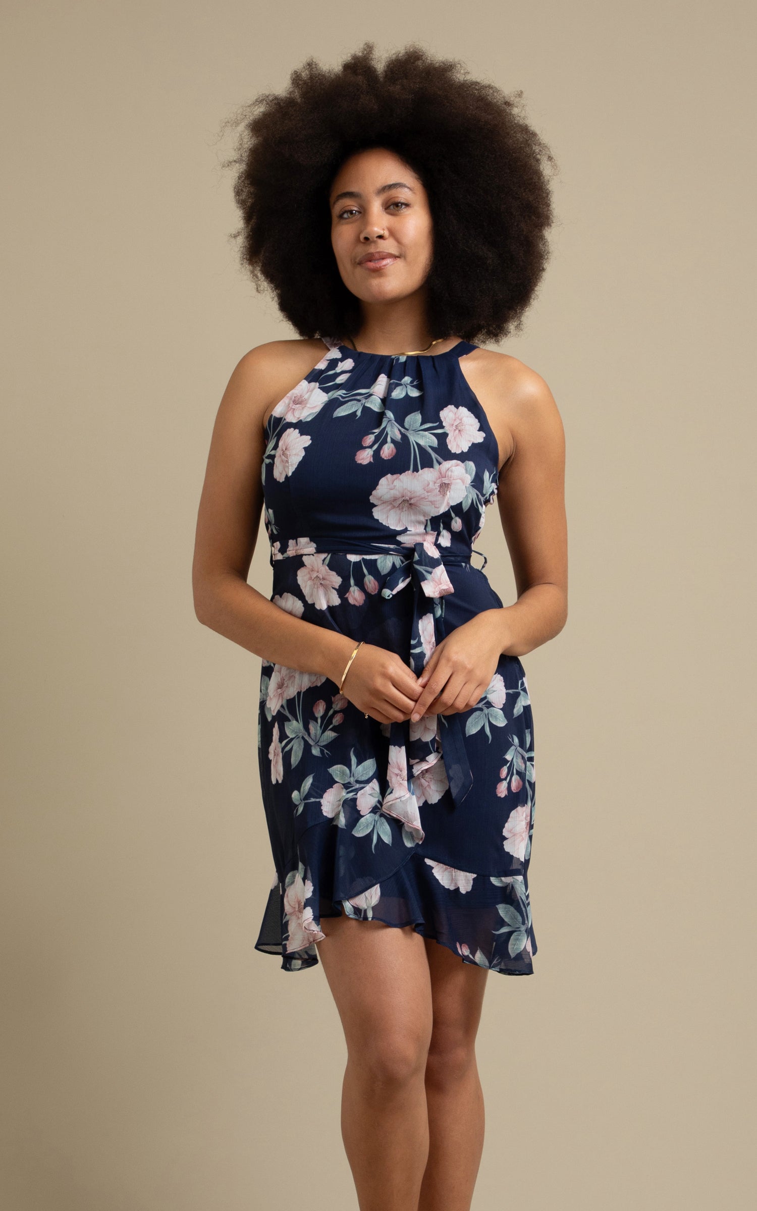 Shop our Chiffon Halter Skater Dress in Navy/floral | Pagani Shop our Chiffon Halter Skater Dress in Navy/floral | Pagani