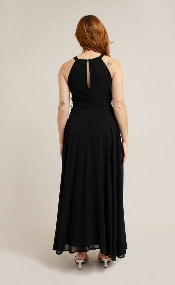 Chiffon Halter Tie Waist Gown Black