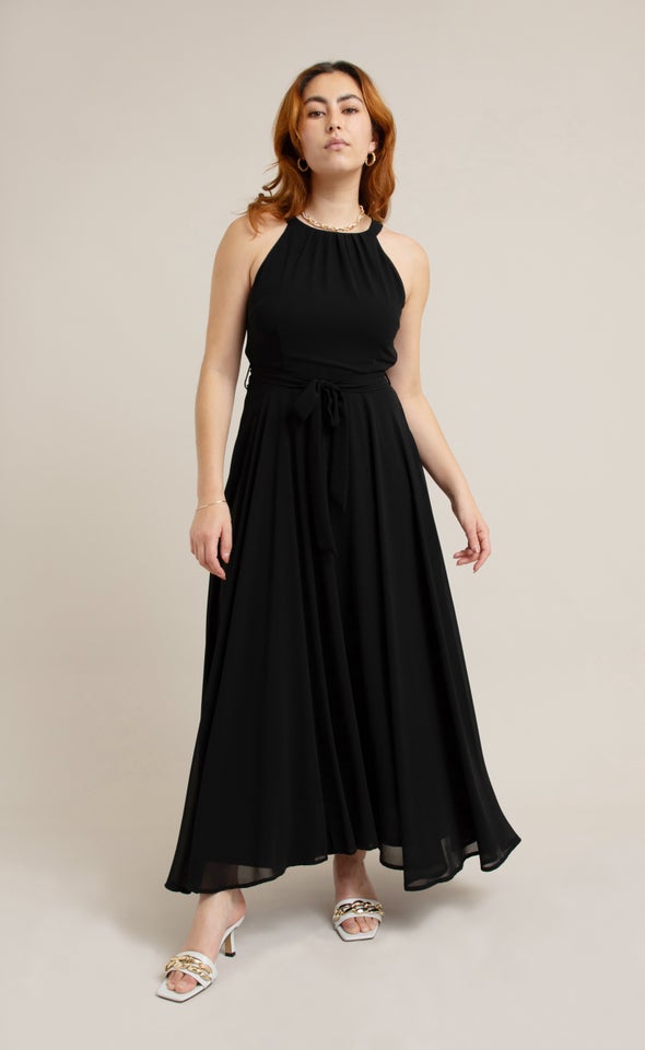 Chiffon Halter Tie Waist Gown Black