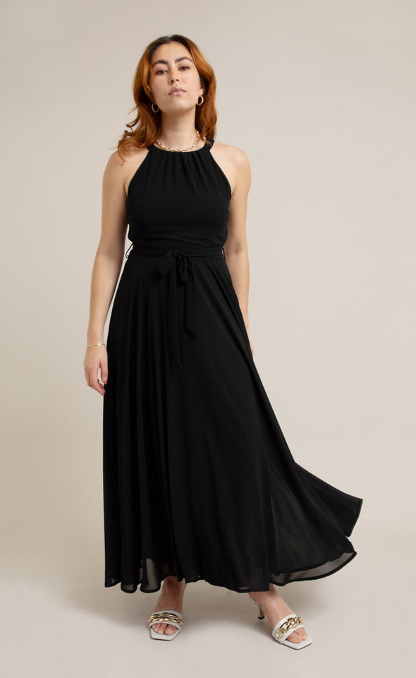 Chiffon Halter Tie Waist Gown Black